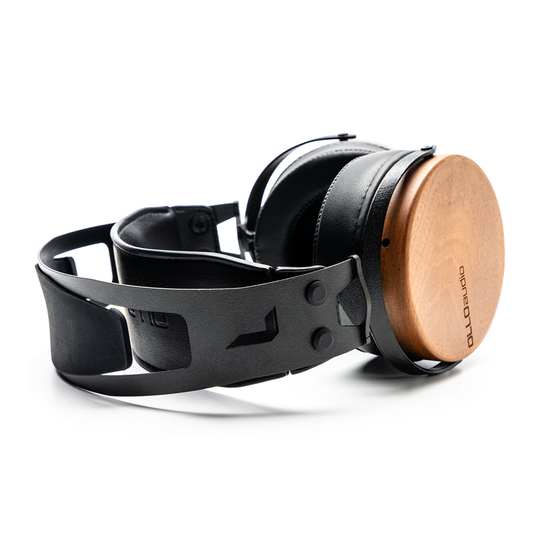 wooden recording studio professional headphones closed-back headband left side
