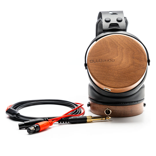 wooden recording studio professional headphones closed-back front view with cable
