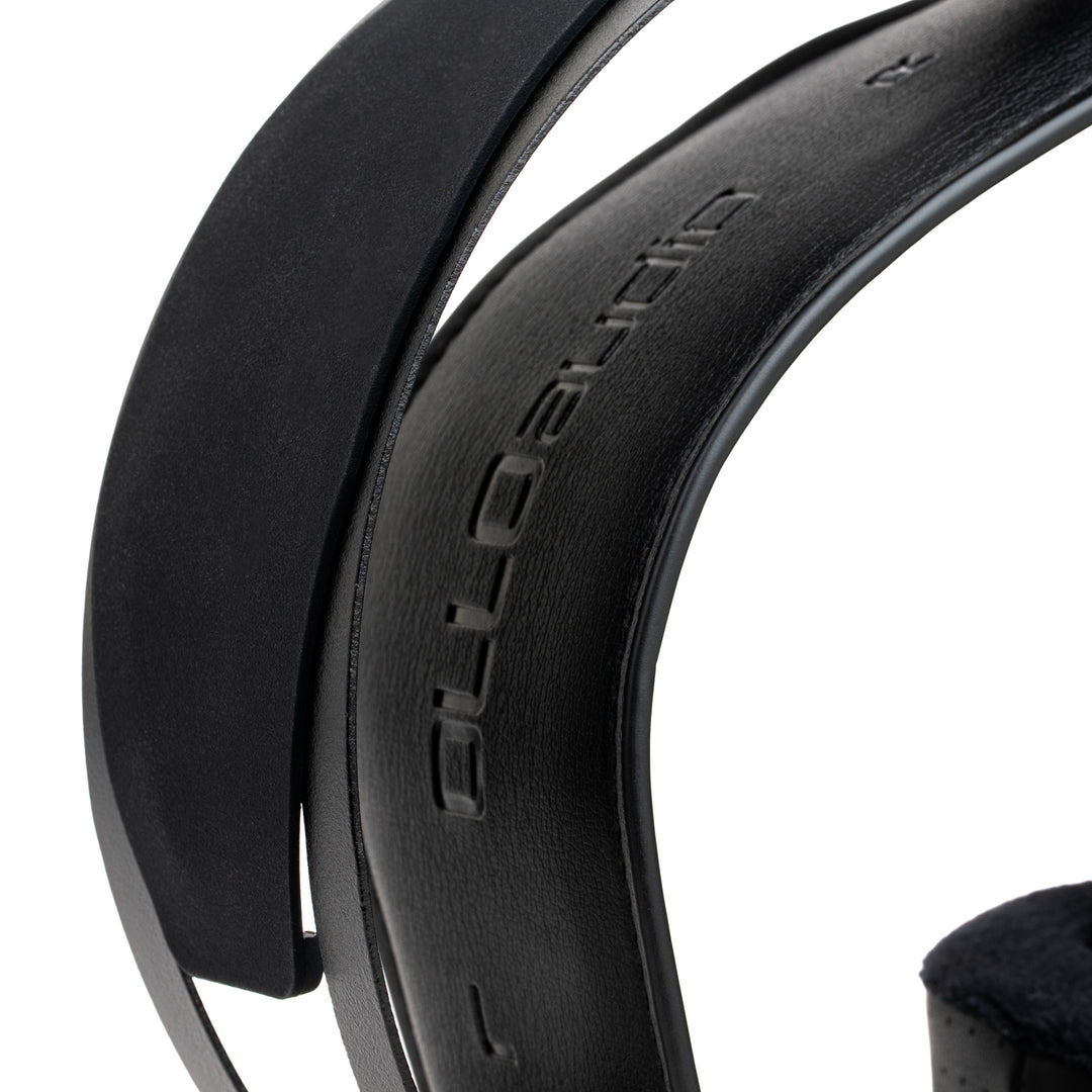 Close-up of a black over-ear headphone headband showing the embossed 'OLLO Audio' brand name on a white background.