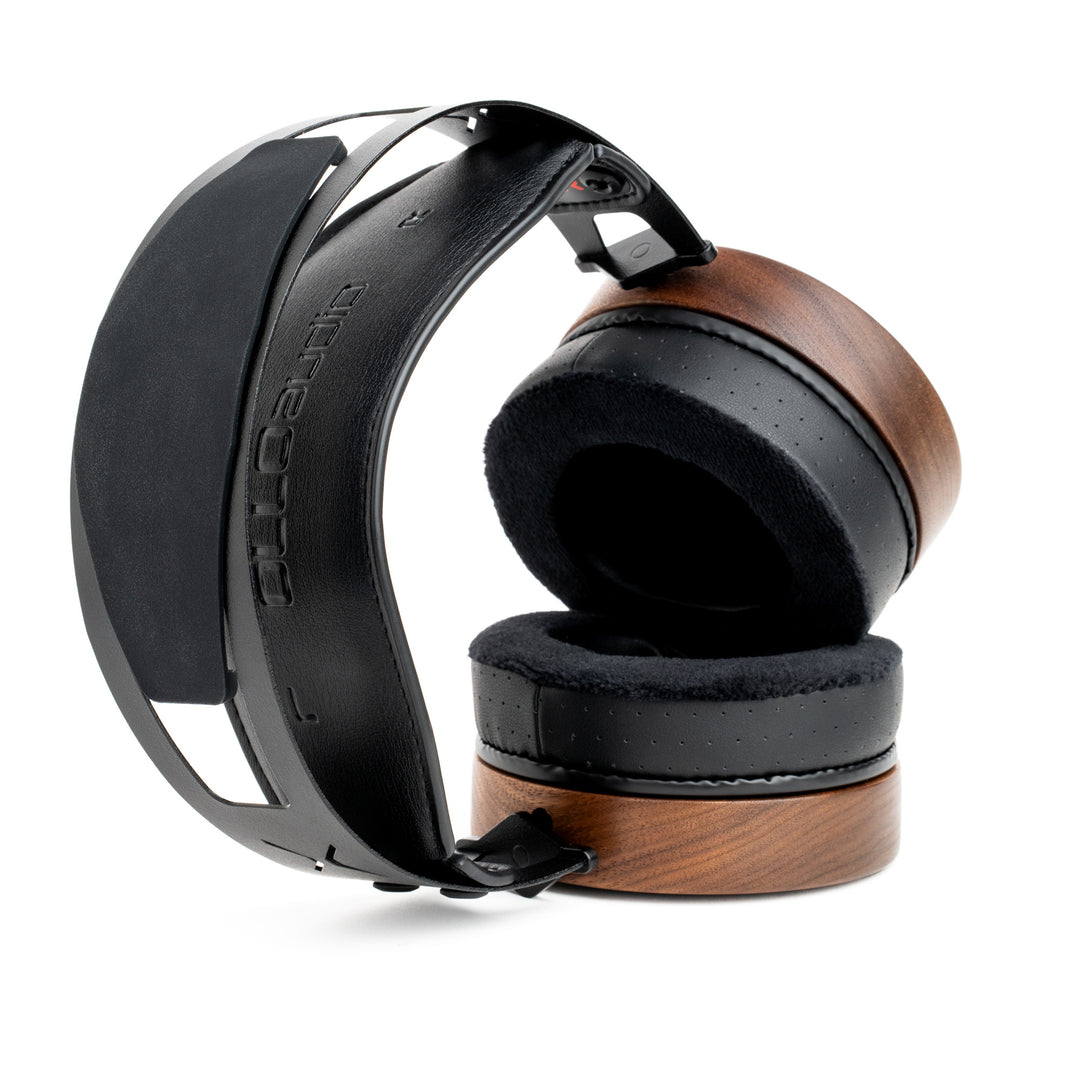 A pair of over-ear headphones with a black headband and black ear cushions, accented by polished brown wood-grain side panels, shown on a white background.