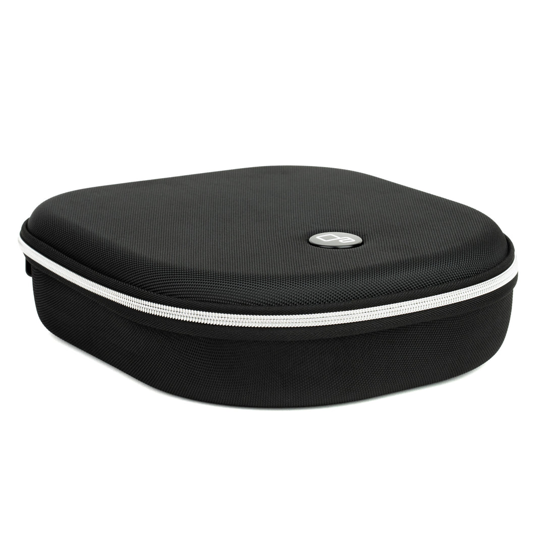 OLLO Audio black textured hard-shell carrying case with a white zipper trim and a small silver circular logo on top, shown on a plain white background.
