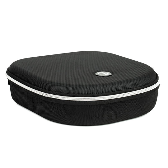OLLO Audio black textured hard-shell carrying case with a white zipper trim and a small silver circular logo on top, shown on a plain white background.